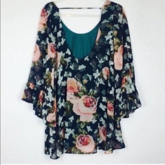 Show me your Mumu womans Green floral Tunic dress bell sleeve Small BoxC - Picture 3 of 5